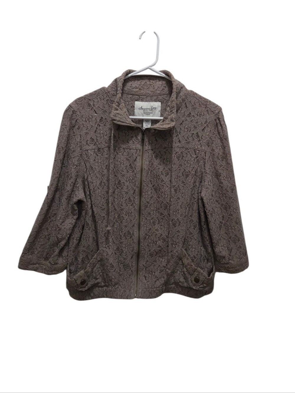 American Rag Lace Zip Jacket XL Taupe Roll Tab Sleeve Cotton Blend Shacket - Picture 1 of 7